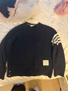 Thom Browne Navy Crewneck Sweater with White Sleeve Stripes